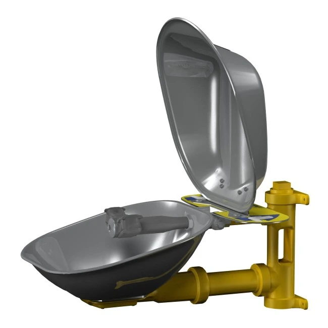 Bradley wall-mounted Halo eye wash with stainless steel bowl and hinged dust cover, certified ANSI Z358.1-2009.