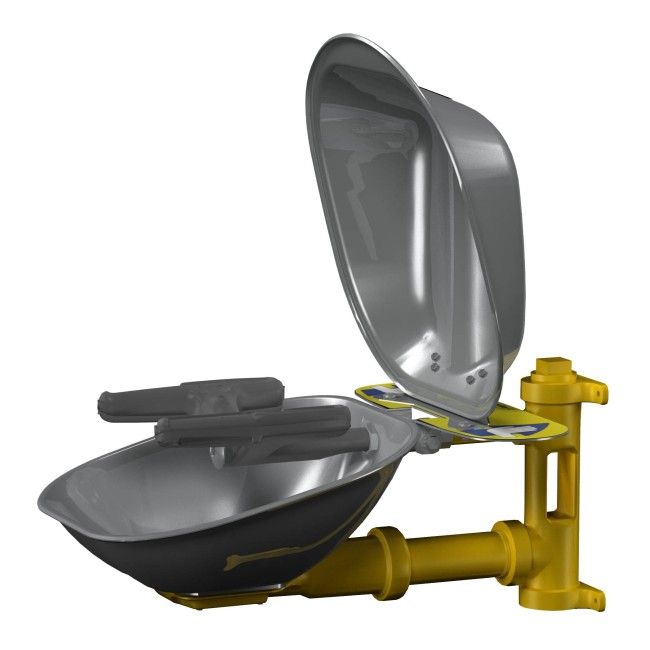 Bradley wall-mounted Halo eye/face wash with stainless steel bowl and hinged dust cover, certified ANSI Z358.1-2009.