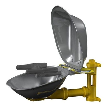 Bradley wall-mounted Halo eye/face wash with stainless steel bowl and hinged dust cover, certified ANSI Z358.1-2009.