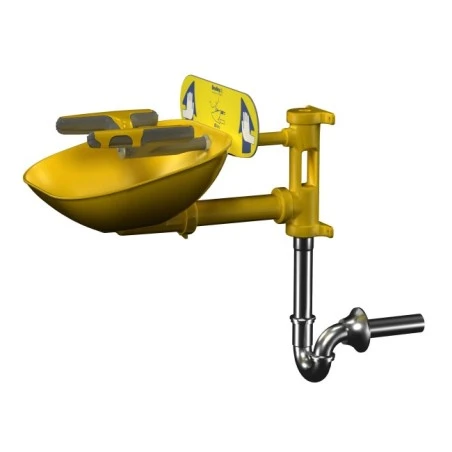 Bradley wall-mounted Halo eye/face wash with plastic bowl, tailpiece and P-trap, certified ANSI Z358.1-2009.