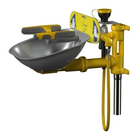 Bradley wall-mounted Halo eye/face wash with stainless steel bowl, P-trap and handheld spray hose, certified ANSI Z358.1-2009.