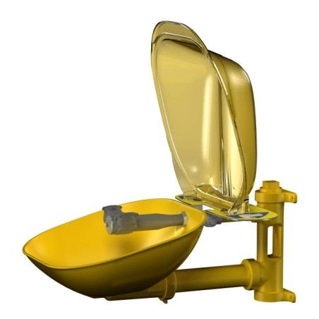 Bradley wall-mounted Halo eye wash with plastic bowl and hinged dust cover, certified ANSI Z358.1-2009.