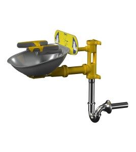 Douche oculaire et faciale murale Halo par Bradley, avec cuvette en acier, tuyau et siphon, approuvée ANSI Z358.1-2014