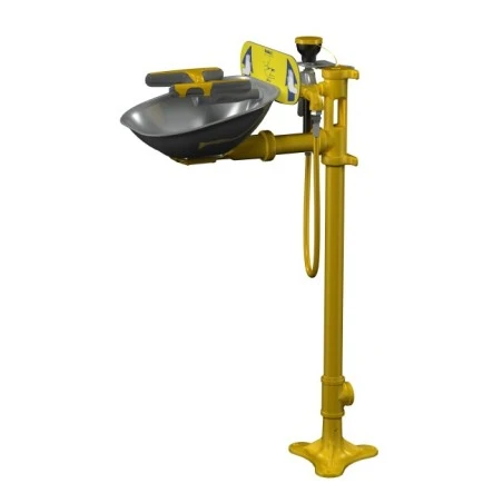 Bradley pedestal Halo eye wash with stainless steel bowl and handheld spray hose, certified ANSI Z358.1-2009.