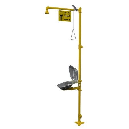 Bradley combination emergency shower and eyewash with steel bowl and dust cover, certified ANSI Z358.1-2009.