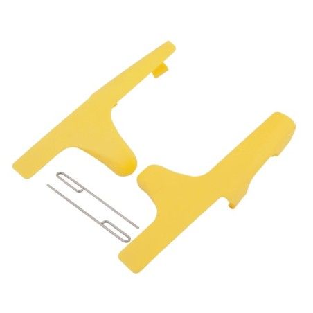 Yellow plastic fly-away sprayhead caps for Bradley Halo eye and face wash stations.