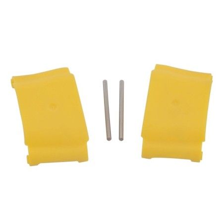 Yellow plastic fly-away sprayhead caps for Bradley Halo eye wash stations.