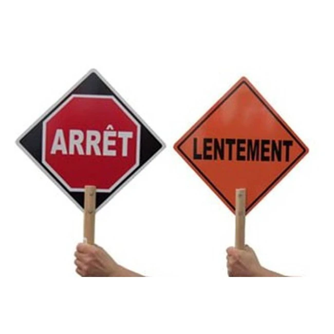 French ARRÊT / LENTEMENT (STOP / SLOW) traffic control paddle for school crossing guard, 12 inches x 12 inches.
