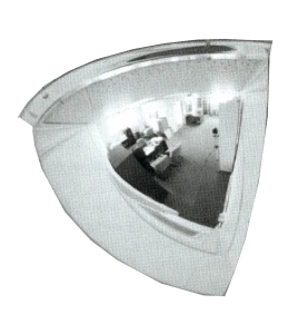 Acrylic quarter dome convex mirror, for installation indoors in a 90-degree corner.