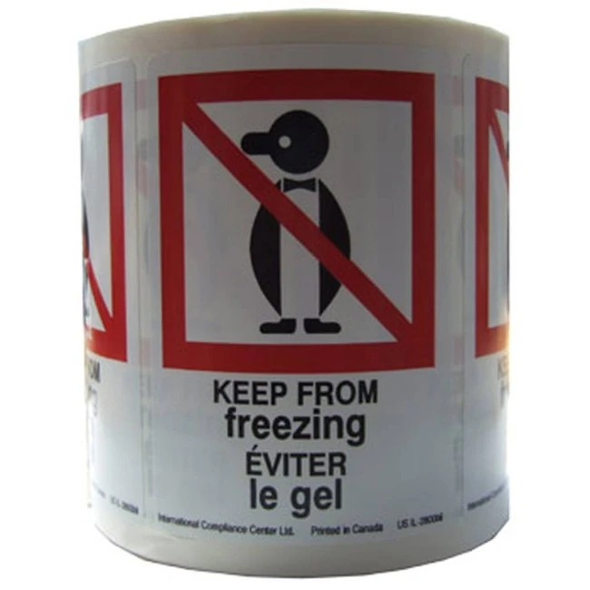 Étiquette "EVITER LE GEL" 2.5 po X 4 po, rouleau de 500. Permets de porter attention au colis lors des périodes hivernales. 