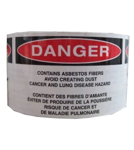 Bilingual sticky vinyl tag to identify bulky asbestos-containing waste in sealed wrapping. Ideal for waste without bags. 5" x 3"