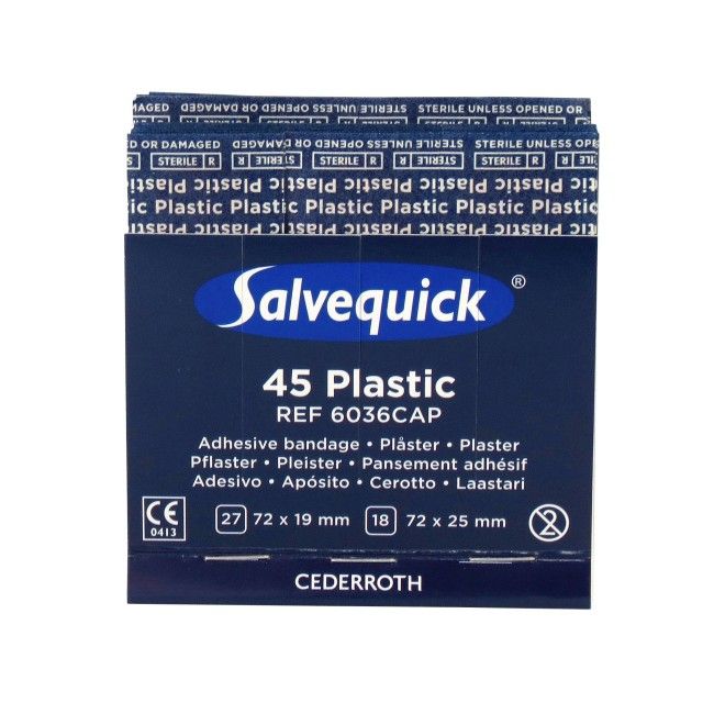 Refill 45 plastic adhesive bandages for "Salvequick" bandage distributor (PS120). Refill 45 plastic adhesive bandages for "Salvequick" bandage distributor (PS120).