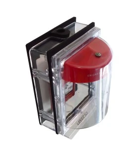 Clear water-resistant polycarbonate cover for surface-mount manual fire alarm pull station.