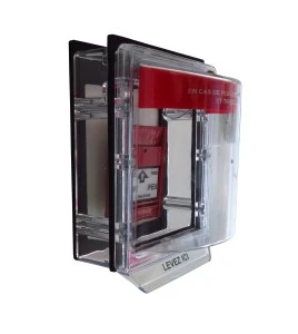 Clear water-resistant polycarbonate cover for surface-mount manual fire alarm pull station.
