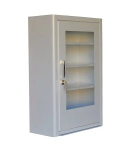 Wall-mounted metal first aid cabinet with acrylic door panel and lock with 2 keys.