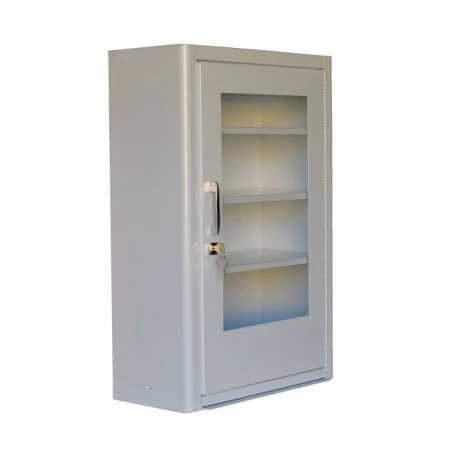 Wall-mounted metal first aid cabinet with acrylic door panel and lock with 2 keys.