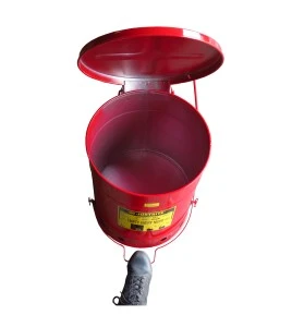 Container for oily or solvent-soaked rags, 10 gallons, with pedal, approved FM, UL, OSHA.