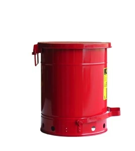Container for oily or solvent-soaked rags, 10 gallons, with pedal, approved FM, UL, OSHA.