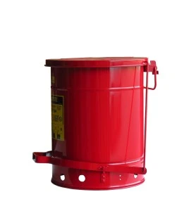 Container for oily or solvent-soaked rags, 10 gallons, with pedal, approved FM, UL, OSHA.