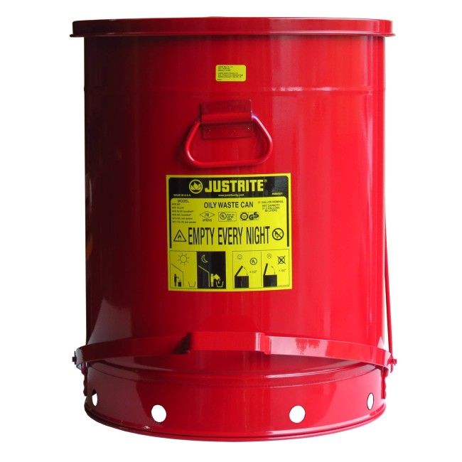 Bidon pour chiffons imbibés d'huiles ou solvants, 21 gallons, avec pédale, approuvé FM, UL, OSHA. Bidon pour chiffons imbibés d'huiles ou solvants, 21 gallons, avec pédale, approuvé FM, UL, OSHA.