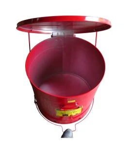 Container for oily or solvent-soaked rags, 21 gallons, with pedal, approved FM, UL, OSHA.
