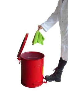 Container for oily or solvent-soaked rags, 10 gallons, with pedal, approved FM, UL, OSHA.