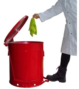 Container for oily or solvent-soaked rags, 21 gallons, with pedal, approved FM, UL, OSHA.