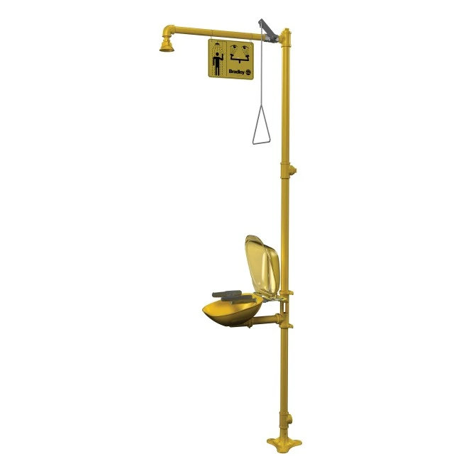 Bradley combination emergency shower and eye/face wash with plastic bowl and dust cover, certified ANSI Z358.1-2009.