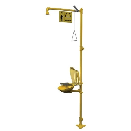 Bradley combination emergency shower and eye/face wash with plastic bowl and dust cover, certified ANSI Z358.1-2009.