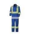 Blue 100% flame-resistant cotton safety coverall, ARC 2, with high-visibility reflective stripes, compliant CSA Z96-15.