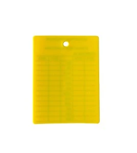 Étiquette d’inspection mensuelle en plastique jaune pour extincteurs portatifs, en français, couvrant 4 ans.