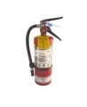 Yellow plastic monthly inspection tag for fire extinguishers, labelling in French, covering 4 years.