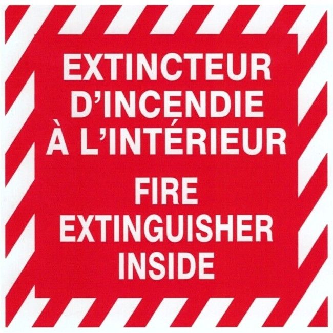 Affiche bilingue autocollante 4 po x 4 po «Extincteur d'incendie à l'intérieur». Affiche bilingue autocollante 4 po x 4 po «Extincteur d'incendie à l'intérieur».