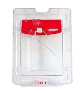 Stopper II® clear polycarbonate cover with a warning horn & English labelling for surface mounted manual pull stations