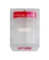 Stopper II® clear polycarbonate cover without a horn, but with English labelling for flush mounted manual pull stations