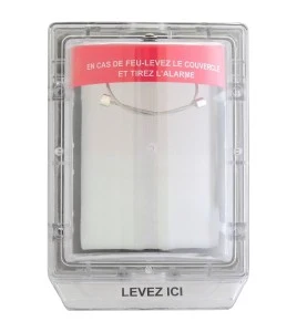 Weather Stopper® clear polycarbonate cover without horn, but with French labelling for surface mounted manual pull stations