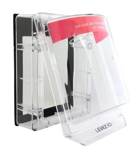 Weather Stopper® clear polycarbonate cover without horn, but with French labelling for surface mounted manual pull stations