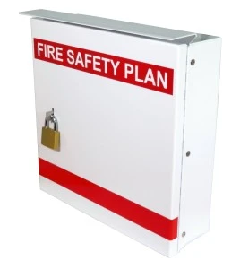 Steel box safety plan13 3/8 in W X 13 3/8 in H X 4 1/4 in. Fire safety plan box is made 18 gauge.