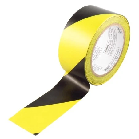 Striped adhesive warning tape, black and yellow 2 in X 48 ft,  (50 mm x 16 m). 