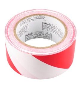 Striped warning adhesive tape, red and white 2 in X 48 ft (50 mm X 16 m). 