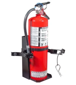 Box-type vehicle bracket for Flag 10 lb portable fire extinguishers with 5 ½ to 6 inches in diameter
