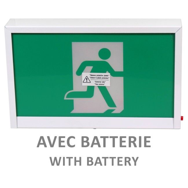 Enseigne avec pictogramme vert «personne qui court» pour sortie de secours, avec DEL, boîtier en métal, batterie incluse Enseigne avec pictogramme vert «personne qui court» pour sortie de secours, avec DEL, boîtier en métal, batterie incluse