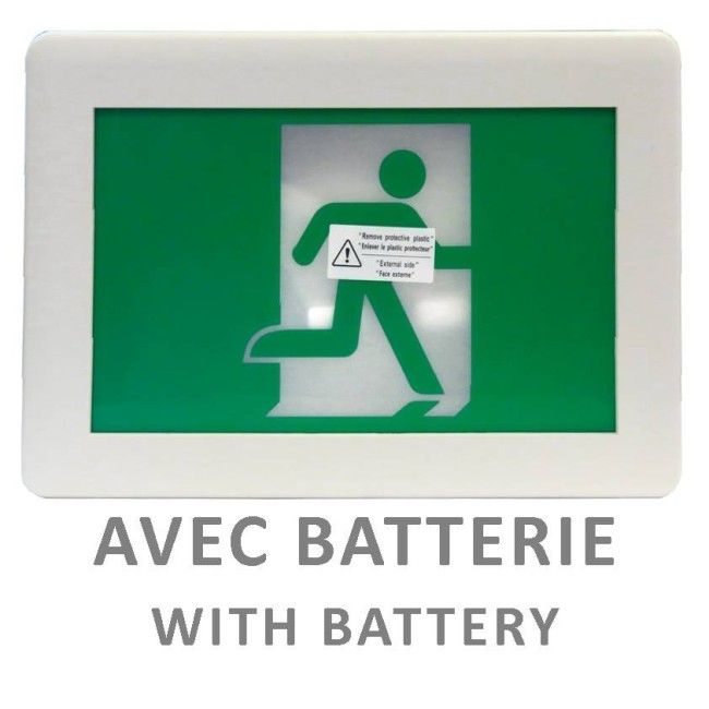 Enseigne avec pictogramme vert «personne qui court» pour sortie de secours, avec DEL, boîtier en plastique, batterie incluse Enseigne avec pictogramme vert «personne qui court» pour sortie de secours, avec DEL, boîtier en plastique, batterie incluse