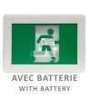 Enseigne avec pictogramme vert «personne qui court» pour sortie de secours, avec DEL, boîtier en plastique, batterie incluse