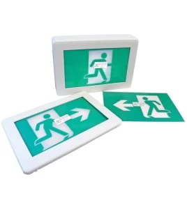 Enseigne avec pictogramme vert «personne qui court» pour sortie de secours, avec DEL, boîtier en plastique, batterie incluse