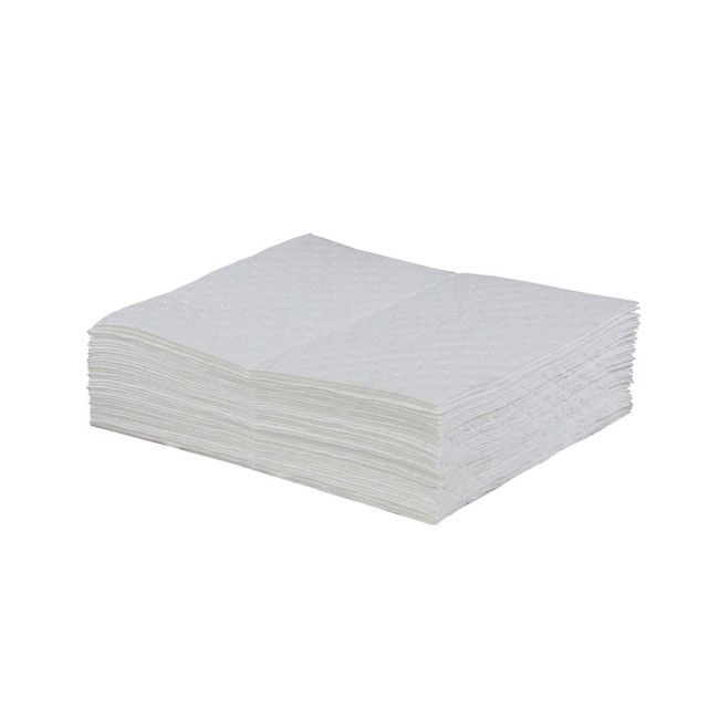 Hydrocarbon absorbent pads, 100 pads by box, absorb 74 oz. per pad. Dimensions: 16 in. X 20 in. X 3/8 in.  