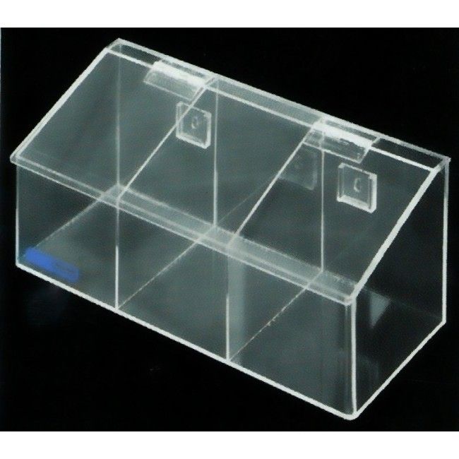 Distributeur en acrylique transparent à 3 compartiments avec couvercle incliné pour filets à cheveux. Distributeur en acrylique transparent à 3 compartiments avec couvercle incliné pour filets à cheveux.