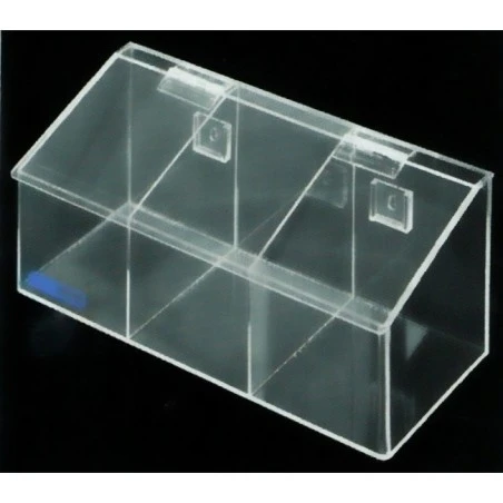 Distributeur en acrylique transparent à 3 compartiments avec couvercle incliné pour filets à cheveux.