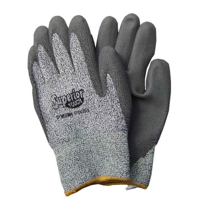 Superior Touch gray Dyneema cut-resistant gloves with PU coating, ASTM/ANSI puncture resistant level 3 & cut resistant level A2.