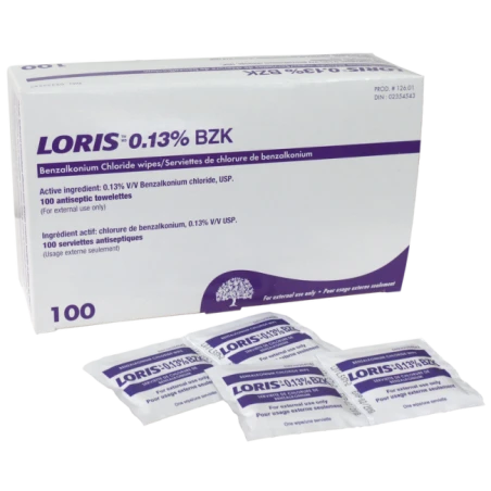 Benzalkonium chloride antiseptic pads, 100/box.